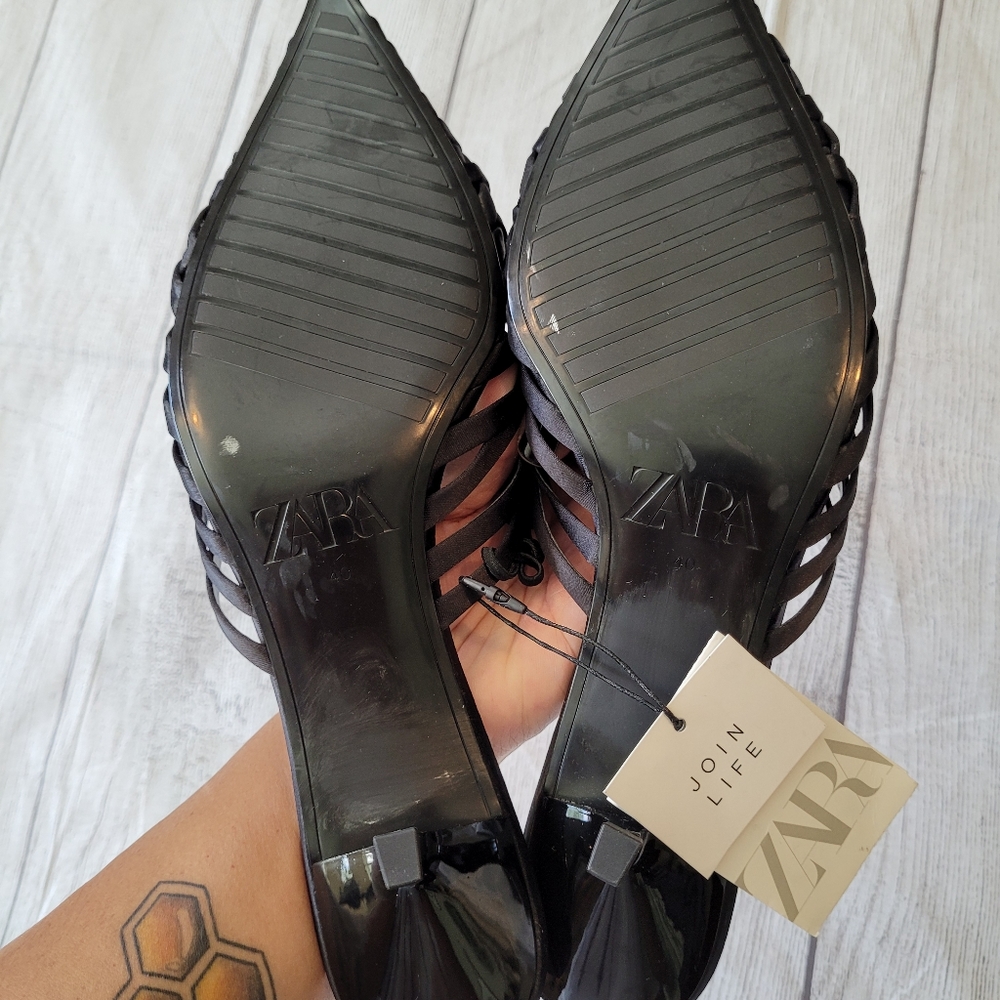 •SOLD• Zara Black Weaved Point Toe Kitten heel Mule Size 9 •New w/ Tag• - Picture 6 of 9